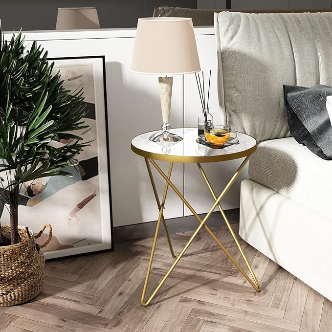 HLR Modern Round Side Table, End Table with Marble Effect Top and Gold Metal Frame, Small Side Table for Living Room, Bedroom, Sofa and Couch, Gold Legs, White Marble top