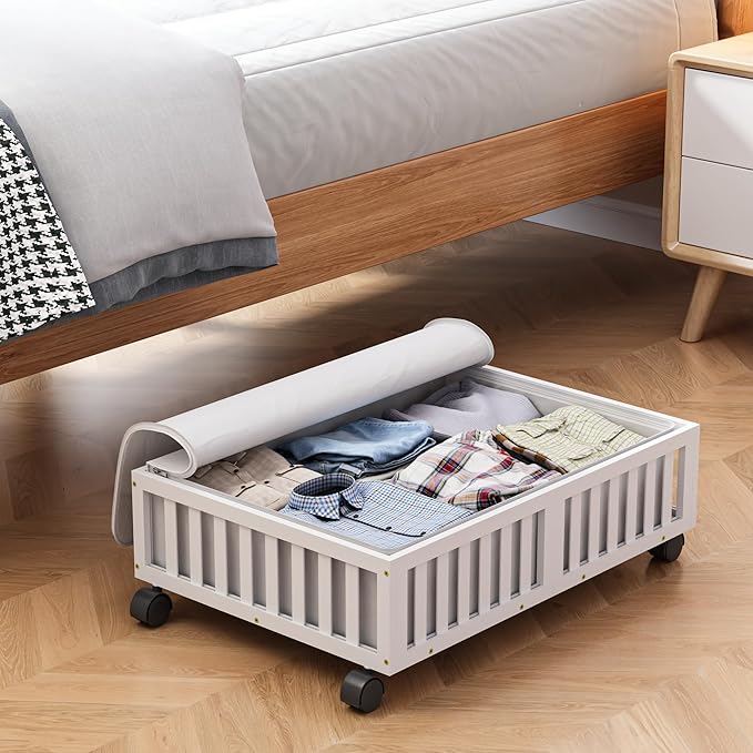 Bamboo Under Bed Storage Containers with Wheels, Rolling Under the Bed Shoe Storage Bins, Wood Stackable Underbed Drawers with Bag Organizer for Bedroom Closet Clothing Sweater Under Crib Toy White-NeatNest
