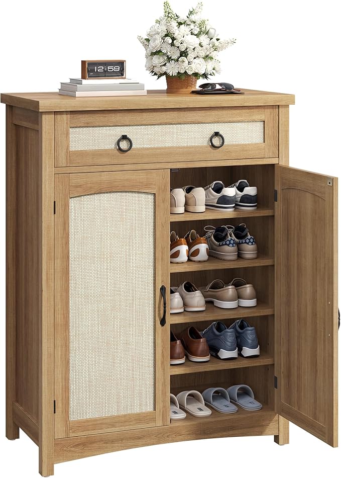DWVO 5-Tier Shoe Storage Cabinet, Farmhouse Shoes Rack Cabinet with Adjustable Shelf, 43" Tall Rattan Rattan Shoe Organizer with Drawer & Doors for Entryway Hallway Living Room Closet (Oak)-NeatNest