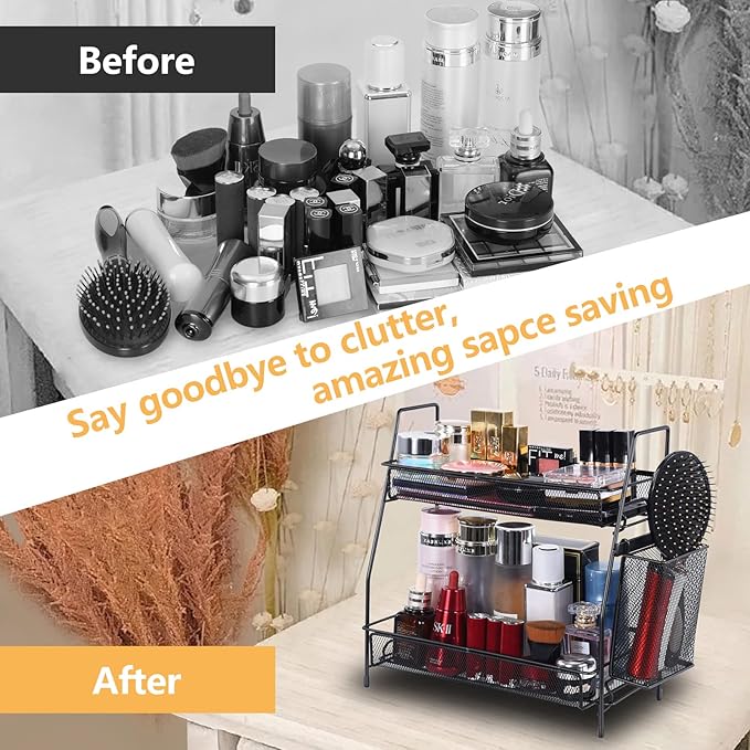 Bathroom Organizer with Basket, 2-Tier Bathroom Tray for Countertop Storage Shelf, Bathroom Counter Organizer, Vanity Organizer and Storage Kitchen Counter Organizers Spice Rack-NeatNest