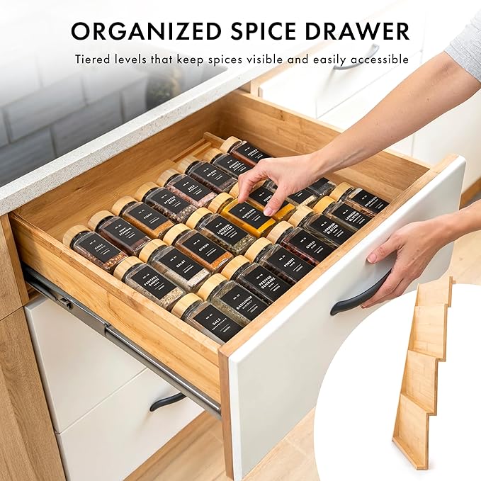 Bamboo Spice Drawer Organizer - Expandable 4 Tier Spice Rack (Need 3" Deep Drawer) 12" to 24" Wide, Seasoning Organizer, Organization Seasoning Rack insert (Jars Not Included)-NeatNest