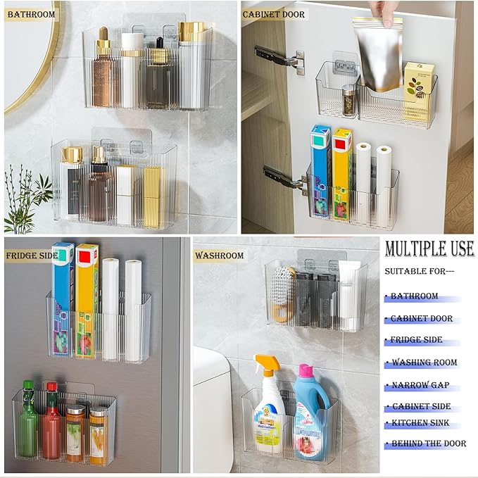 2 Pack Adhesive Mount Cabinet Door Organizer, Wall Mounted Bathroom Organizers and Storage Bins Plastic Stackable Shower Caddy Hanging Floating Shelves for Narrow Space, BPA Free (Clear)