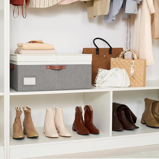 GRANNY SAYS Decorative Storage Boxes with Lid, Large Storage Bins with Double-Open Lid and Divider, Fabric Storage Bins for Clothes, Linen Storage Bins, 63L Closet Storage Bins, White&Gray-NeatNest