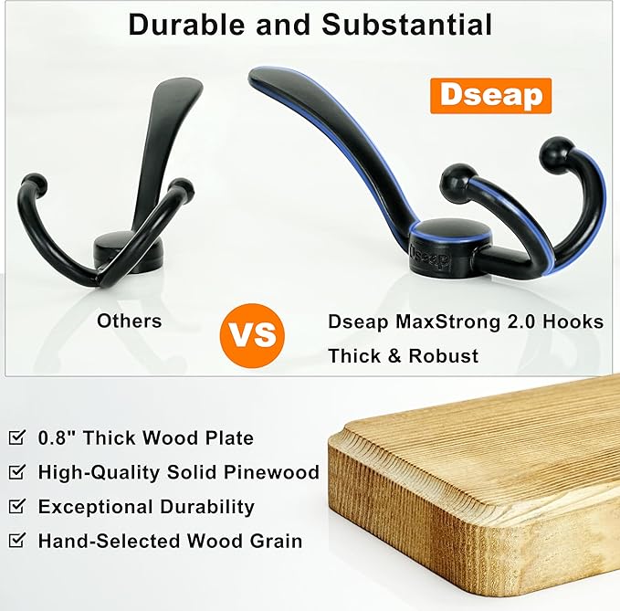 Dseap Wall Mount Coat Hanger - Heavy-Duty Robust Barnwood-Style Wooden Hook Rail with 5 Triple Hooks for Winter Coats, Hats, Jackets, Weathered Green & Black
