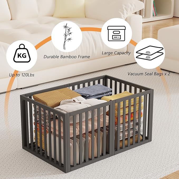 Bamboo Under Bed Storage Containers- Underbed Organizer with Wheels with Large Capacity Dust Bag,Sturdy Wood Rolling Under Bed Shoe Storage Organizer 2 Packs (Black, 2 Packs Tall (25"×16"x12"))-NeatNest