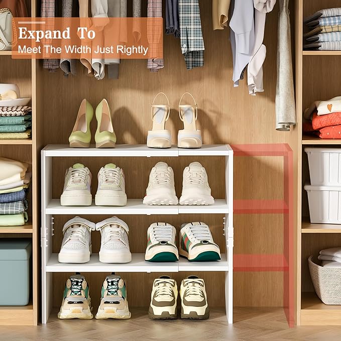 White Shoe Rack Organizer for Closet, 3-Tier Expandable Shoe Shelf, Stackable Iron Wood Combination Shoe Racks Shelves for Closets, Entryway,Small Space,Hallway,Garage,Holds 8-16 Pairs of Shoes-NeatNest