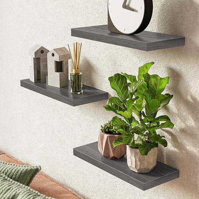 BAYKA Floating Shelves for Wall, 22.5 inches Wall Mounted Rustic Wood Shelves for Bathroom, Bedroom, Living Room, Floating Shelves for Books/Storage/Decor (Grey,Set of 3)-NeatNest