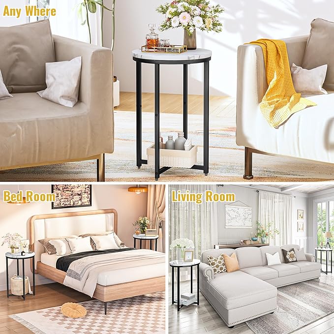 DKLGG Modern Black Side Table Set of 2, Small Coffee Table Round End Table with Black Frame, Faux Marble Bedside Table for Living Room, Bedroom, Small Space, 16" D*24" H