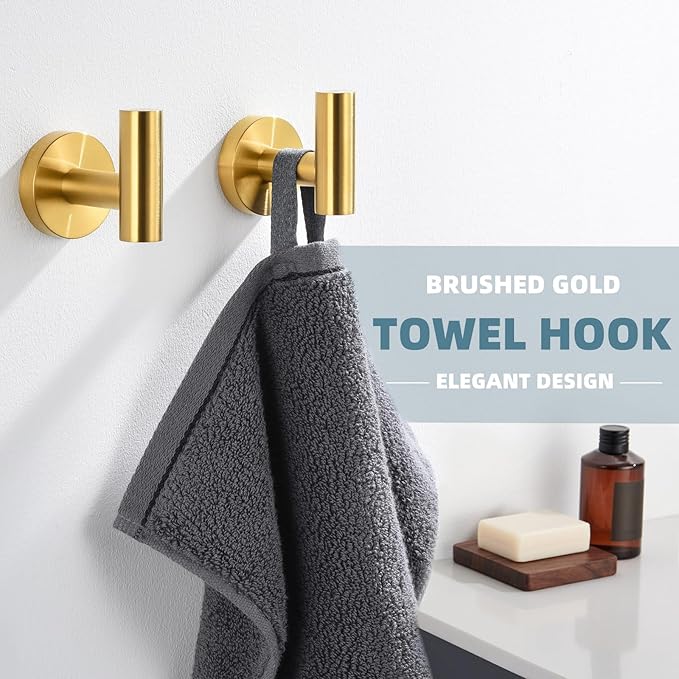 APLusee Hand Towel Hook 2 Pack Brushed Gold, 304 Stainless Steel Bath Robe Hanger, Wall Mounted