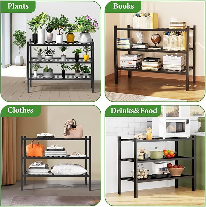 Shoe Rack, 3 Tier Bamboo Shoe Rack for Closet, Stackable Wooden Shoe Organizer, Free Standing Wood Shoe Shelf for Entryway Small Space, 27" x 11" x 21", Black-NeatNest