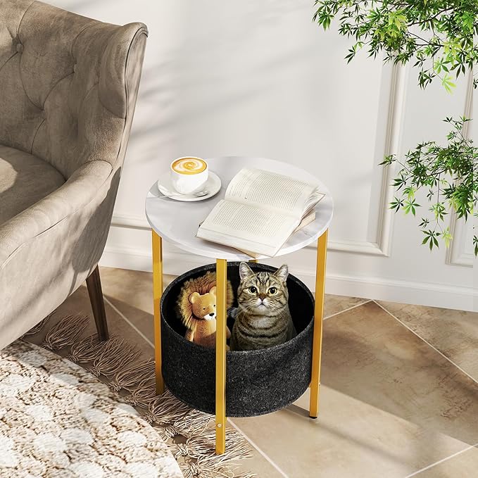 Giantex Round End Table Set of 2, Small Side Tables w/Removable Fabric Basket, Modern Bedside Tables w/Metal Frame, Sofa Couch Accent Tables for Small Space Living Room, Nightstand for Bedroom