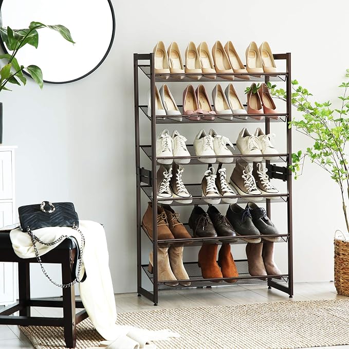 SONGMICS Shoe Rack, 6-Tier Shoe Organizer, Metal Rack for Garage, Set of 2, 3-Tier Stackable Shelf, with Adjustable Flat or Angled Shelves, 18-24 Pairs, Bronze ULMR03A-2-NeatNest