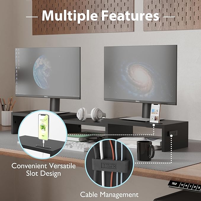BONTEC Dual Monitor Stand for Desk, Adjustable Length and Angle Monitor Stand Riser with Smartphone Holder, Desk Shelf for Top of Desk, Computer Monitor Stand with Storage, Office Desk Organizer, Black