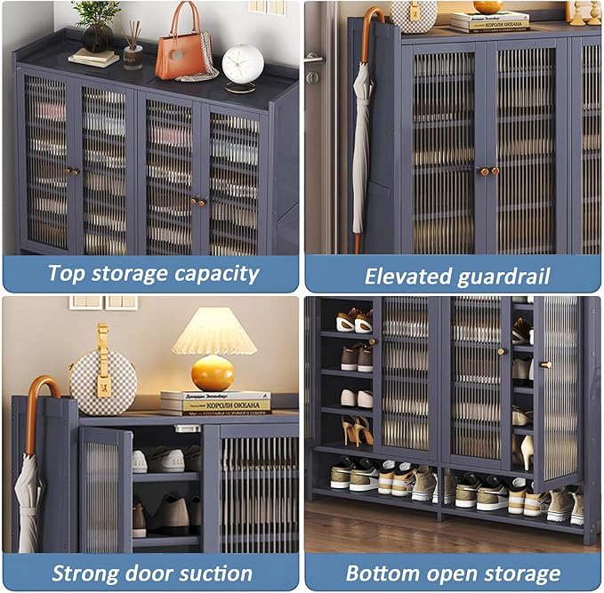 Bamboo Shoe Cabinet, 8-Tier Shoe Storage Cabinet with Doors, Freestanding Bamboo Shoe Rack Organizer with Shelves for Entryway, Hallway, Closet, Living Room (Grey-01)