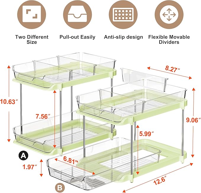 Delamu 2 Sets of 2-Tier Multi-Purpose Bathroom Under Sink Organizers and Storage, Stackable Kitchen Pantry Organization, Pull Out Medicine Cabinet Organizer with 8 Movable Dividers, Green-NeatNest