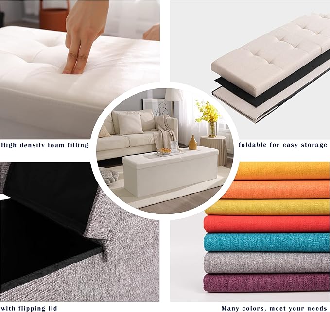 CUYOCA 45.3 Inches Ottoman Bench With 166L Storage Space - Foldable Seat Footrest Shoe Bench for End of Bed - Flipping Lid, Linen Fabric, Navy