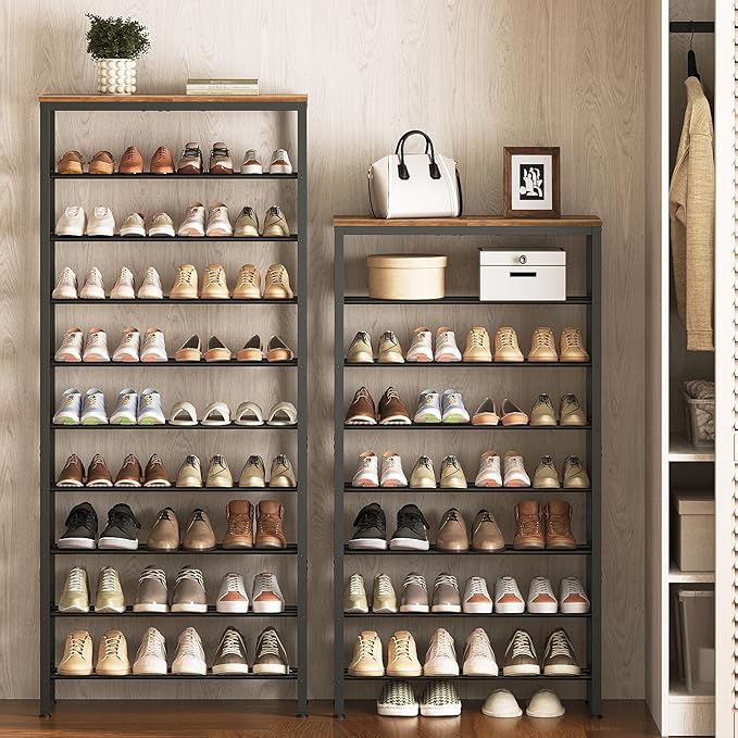 10 Tier Tall Shoe Rack, Large-Capacity Shoe Storage Organizer, Free Standing Shoe Shelf for Closet, Adjustable Metal Shoe Racks Organizer for 40 Pairs of Shoes, Rustic Brown and Black SS70BR-NeatNest