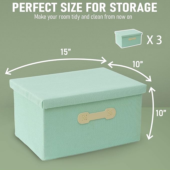 Enzk&Unity Decorative Storage Bins with Lids, Fabric Linen Foldable Storage Box with Handle Home Organizer for Shelf, Closet, Bedroom, Living Room, Office, 3 Packs, Teal-NeatNest
