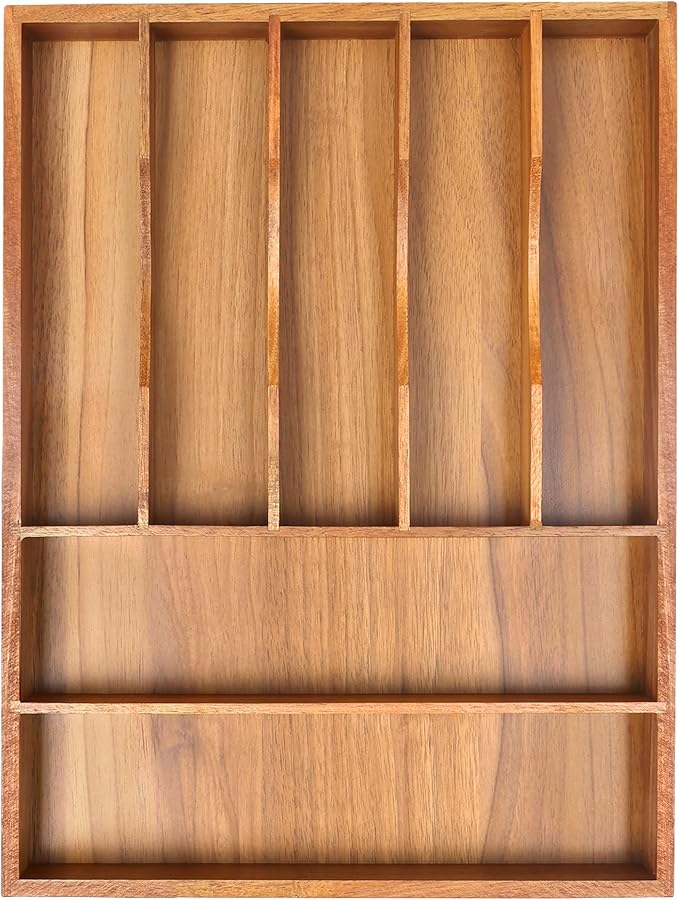 Bellsal Bamboo Silverware Organizer, 12"x15.7" Utensil Holder Cutlery Tray with Grooved Drawer Dividers for Kitchen Flatware, Bedroom, Office (7 Slot, Acacia)-NeatNest