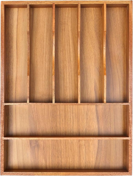 Bellsal Bamboo Silverware Organizer, 12"x15.7" Utensil Holder Cutlery Tray with Grooved Drawer Dividers for Kitchen Flatware, Bedroom, Office (7 Slot, Acacia)-NeatNest