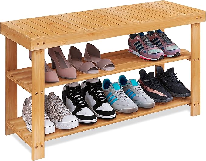 SMIBUY Bamboo Shoe Rack Bench, 3-Tier Shoe Organizer Storage Shelf for Entryway Hallway Bathroom Living Room (Natural)-NeatNest