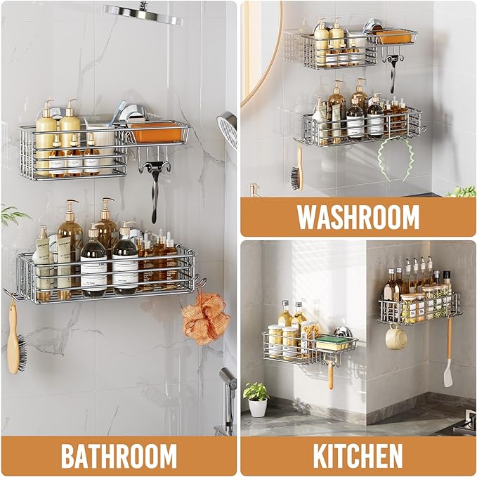 LEVERLOC Shower Caddy Suction Cup, 2 Pack Heavy Duty Bathroom Organizer for Inside Shower with Hooks & Soap Holder, Removable and Rustproof Silver Bathroom Holder Storage