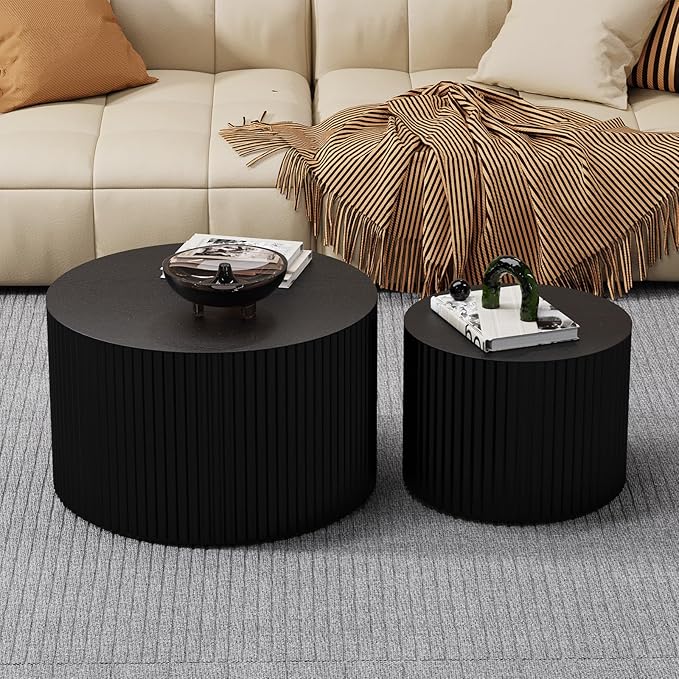 Round Nesting Coffee Table Modern Fluted Coffee Table Set of 2 Stripe Round Coffee Tables Circle Drum Coffee Tables Side Table Accent End Table for Living Room (Black Small)