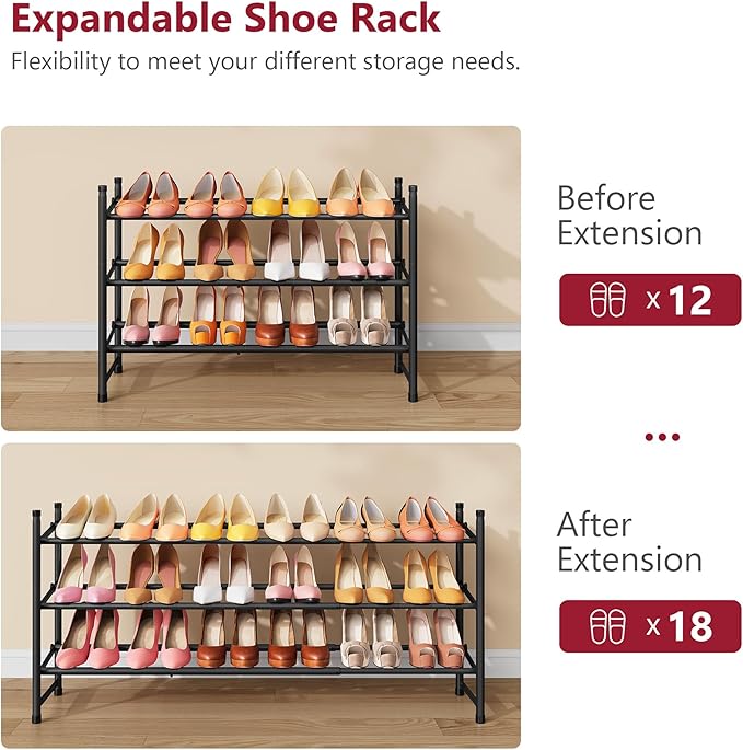 Tajsoon Expandable Shoe Rack for Closet 3 Tier, 28“-41“Adjustable & Stackable Shoe Shelf Storage, Metal Shoe Rack Organizer for Front Door Entrance, Closet, Garage, Entryway, Black-NeatNest