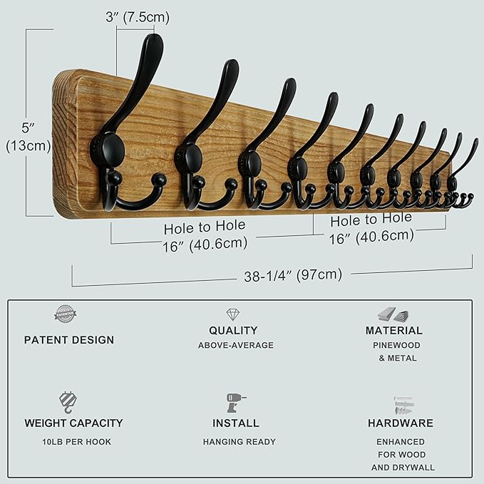 Dseap Coat Rack Wall Mount - 38-1/4" Long, Heavy-Duty, 10-tri-Hooks, Barnwood-Style Wooden Wall Coat Hanger Hook Rail for Winter Coats Hat Jacket Clothing, Weathered Brown & Black, Pack of 2