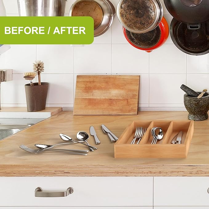 Bamboo Utensil Drawer Organizer, Silverware Tray Organizer, Kitchen Drawer Organizer for Flatware Cutlery, (Natural, 3 Slots)-NeatNest
