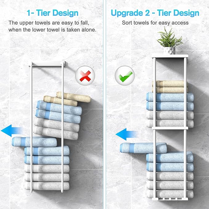 Towel Rack for Bathroom, Wall Mounted Vertical Rolled Towel Storage Organizer Holder with Shelf, Holds Up 6 Large Bath Sheets, White