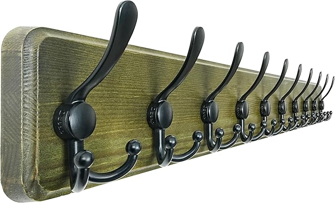Dseap Coat Rack Wall Mount - 38-1/4" Long, Heavy-Duty, 10-tri-Hooks, Barnwood-Style Wooden Wall Coat Hanger Hook Rail for Winter Coats Hat Jacket Clothing, Weathered Green & Black