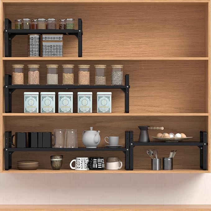 Expandable Cabinet Shelf Organizer Adjustable Metal Spice Rack Stackable Freestanding Counter Storage Shelves for Kitchen Cabinet Under Sink Office Desk (Black - 2Pack - L16.5-27'' * W10.2'' * H9.6'')-NeatNest