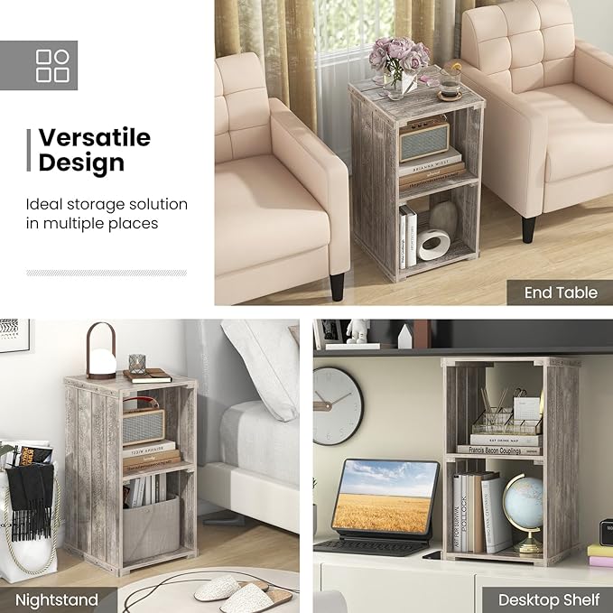 Giantex 2-Cube Bookcase Set of 2, 3-Tier Paulownia Wood Cubic Organizer w/Open Back, Freestanding Cubby Storage Shelf, Slatted Wooden End Table, Farmhouse Style Bookcase for Living Room, Bedroom