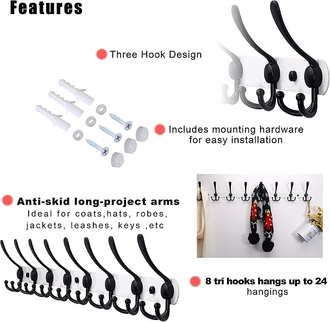 Dseap Coat Rack Wall Mount - 29.5” Long 8-Tri-Hooks Heavy Duty Coat Hanger Rail Wall Hooks for Hanging Coats Hats Clothing Clothes Purse Mudroom Entryway, White & Black-NeatNest
