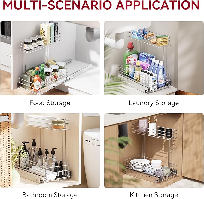 Under Sink Organizer 9"W X17"D, Pull Out Cabinet Organizer 2 Tier, Under Sink Slide Out Chrome Plated, Under Kitchen Bathroom Sink Organizer, Pantry Cabinet Closet Organization Rack, 2 Pack-NeatNest