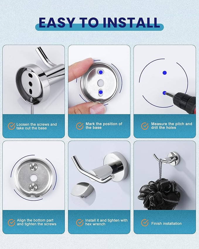ARCORA Stainless Steel Towel Hooks: Chrome Towel Hooks for Bathroom Heavy Duty Robe Hook for Bathroom Bedroom