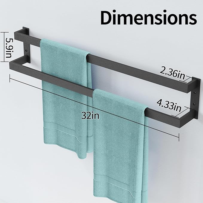 Double Towel Bar, 32Inch Towel Rack for Bathroom,Towel Holder Wall Mounted, Double Towel Rod Towel Rail Hanger for Wall, Kitchen (Matte Black)