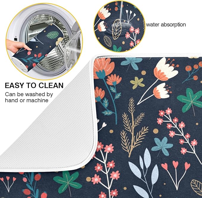 Dish Drying Mat for Kitchen Counter Colorful Flowers Black Absorbent Drying Matt for Dishes Sink Countertop 16'' x 18''