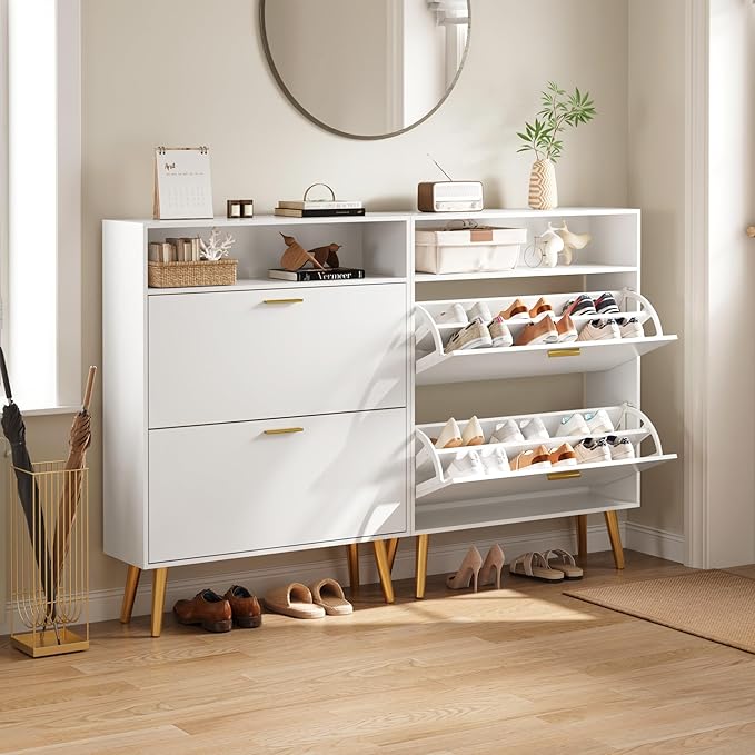 Entryway Shoe Cabinet, White Shoe Storage Cabinet with 2 Flip Doors and Shelf, Narrow Hidden Shoe Organizer Cabinet Slim, Freestanding Shoe Rack for Entryway, White-NeatNest