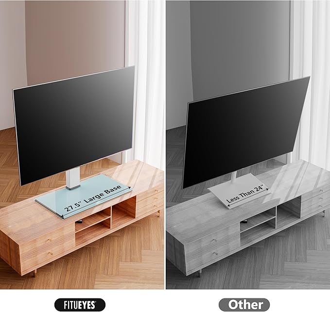 FITUEYES Universal TV Stand with Swivel Mount for 50-85 inch Flat Screens - Height Adjustable Tempered Glass Base Holds up to 143 lbs, White.