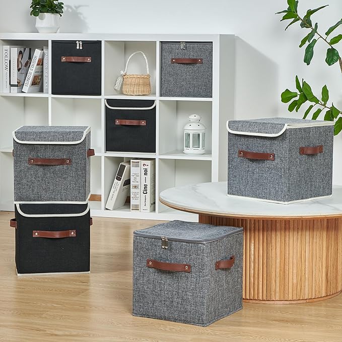 2PCS Storage Cubes with Lid Fabric Storage Bins Boxes PU Leather Handles Cotton Linen Closet Organizer Container Decorative Foldable Washable Shelf Cloth Basket (Zipper Lid, Gray, 11in)-NeatNest