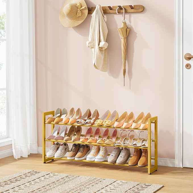 FAVOOSTY 3-Tier Expandable Shoe Rack, Adjustable Shoe Shelf Storage Organizer Space Saving Metal Free Standing Shoe Rack for Entryway Closet Doorway, Gold-NeatNest