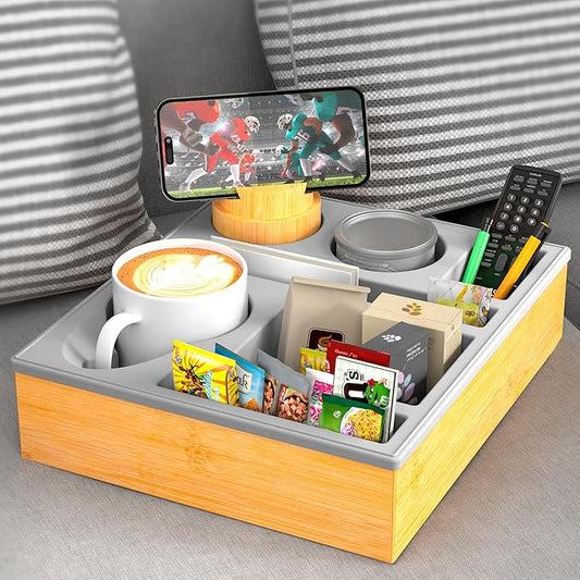 Couch Cup Holder Tray - Couch Organizer Caddy, Silicone Beach Caddy with Cup Holder, Sofa and Bed Drink Holder and Couch Tray Table for Snacks Beverage Remote (Gray)-NeatNest