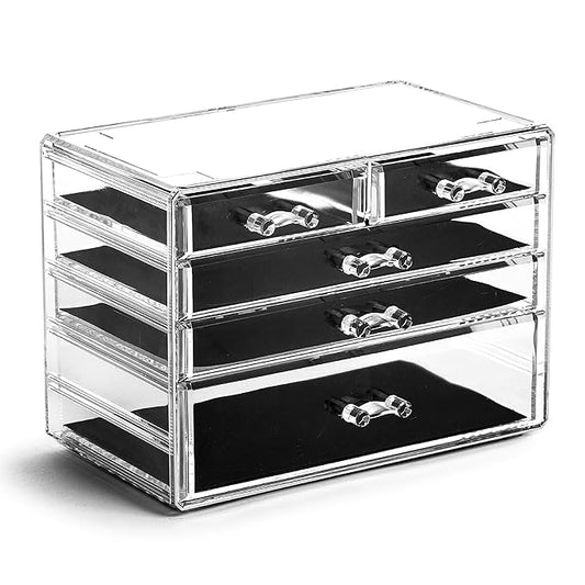 BINO THE MANHATTAN SERIES Acrylic Makeup Drawer Organizer-3 Large 2 Small Drawer | Clear Beauty Organizers and Storage| Cosmetic & Makeup Organizer | Home Organization| Jewelry & Vanity Accessories-NeatNest