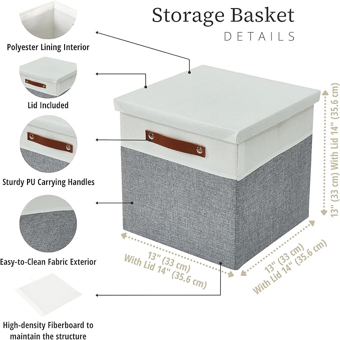 DECOMOMO Storage Basket with Lid, Storage Cubes with Handles, Fabric Box with Lid (Grey and White, 13” / 3 Pack)-NeatNest
