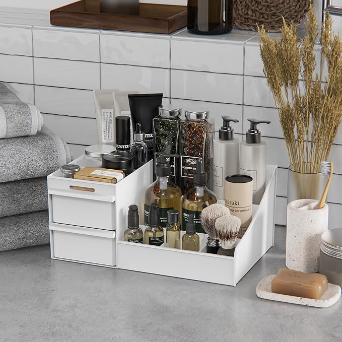 Makeup Organizer Countertop, Vanity Organizer with Drawers for Cosmetics, Skincare, Brushes, Perfume, Skincare Organizer for Vanity, Perfume Organizer for Dresser, Bathroom (White&2 Drawers)-NeatNest