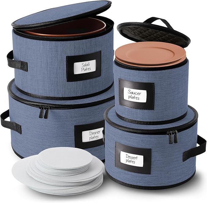 Fine China Storage Containers Hard Shell, 4 Piece Dish Storage Containers, Quilted Plate Containers, Stackable Dish Organizer with Dividers, Dinnerware Storage for Moving and Seasonal Storage, Blue-NeatNest