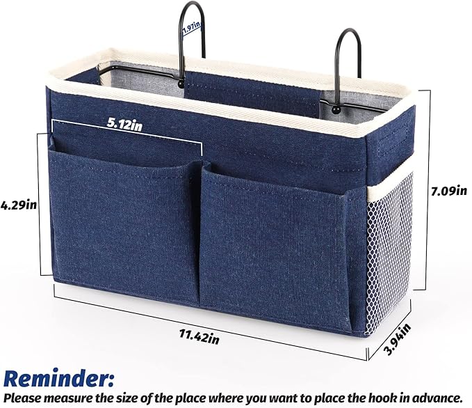 Bedside Caddy Bedside Storage Organizer Hanging Bunk Bed Dorm Room with Side Pockets for Water Bottles, Books, Cell Phones, Headphones (Dark Blue)-NeatNest