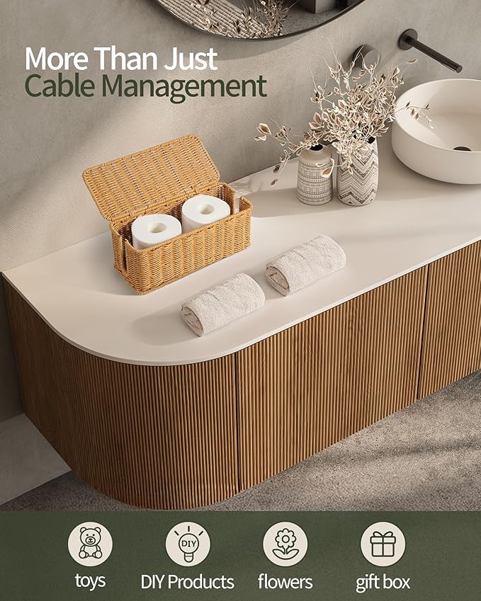 YECAYE Handwoven Rattan Style Cable Management Box, Decorative Storage Cord Organizer Box for Power Strips & Cords, Cord Hider for Home, Kids & Pet Safety, DIY-Friendly Cord Management